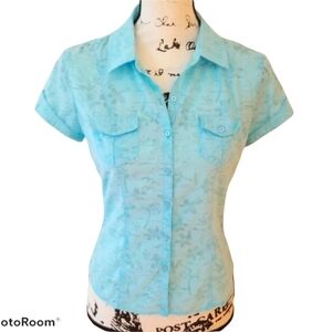 Lilu blue Floral button up cap cap sleeve shirt